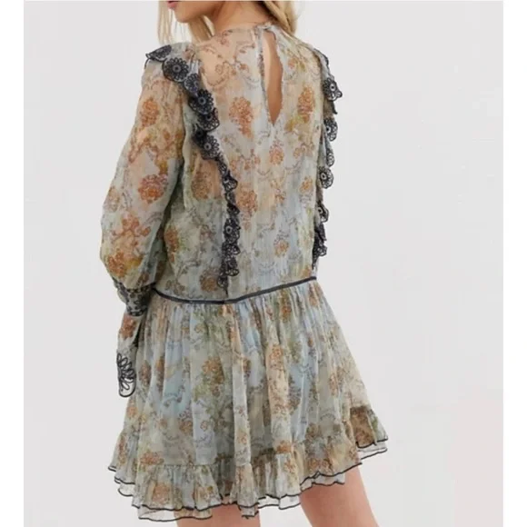 Free People Country Roads Mini Dress Lightweight Embroidered Ruffle Blue Size XS - Picture 2 of 11